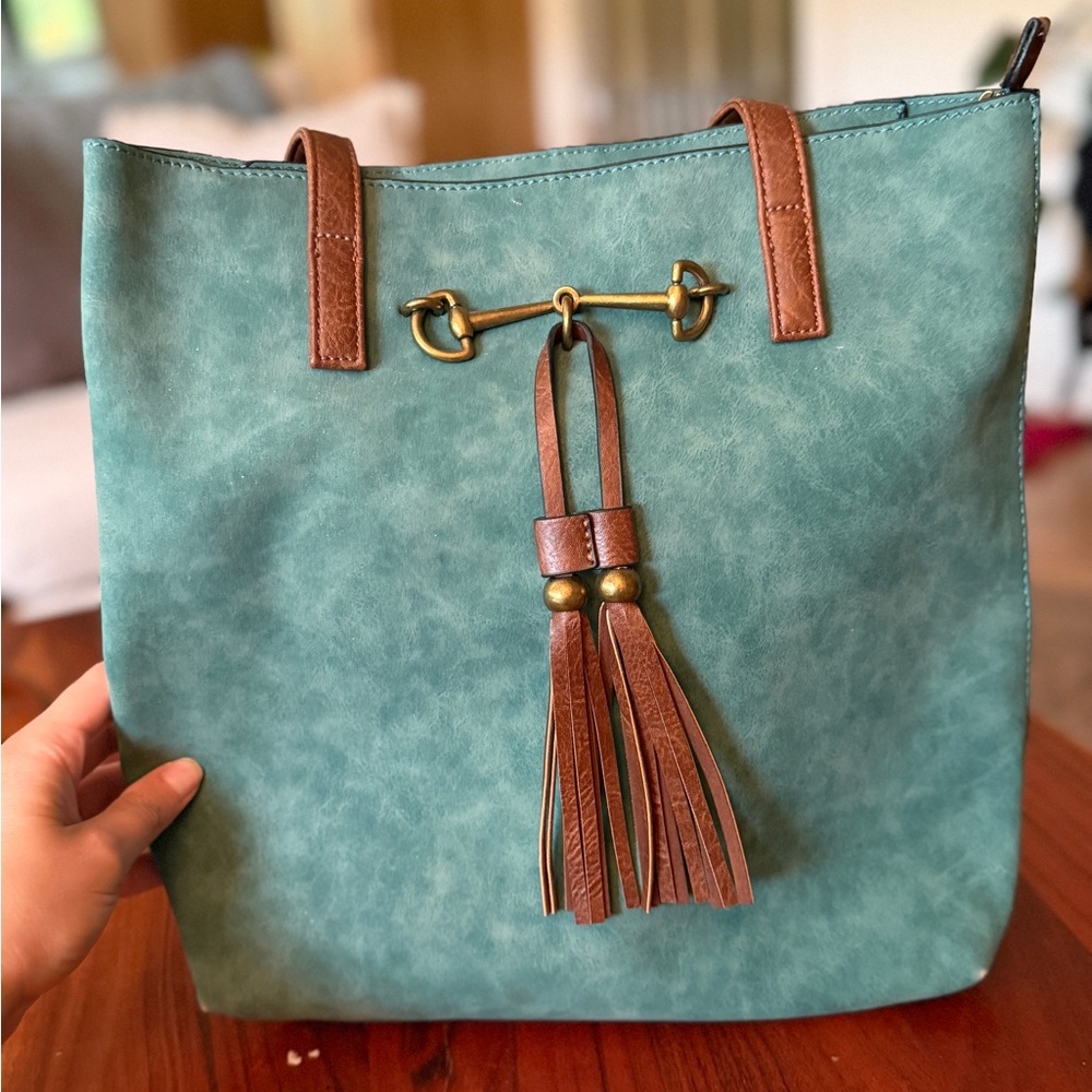 Elegant Teal Tote Bag with Brown Accents